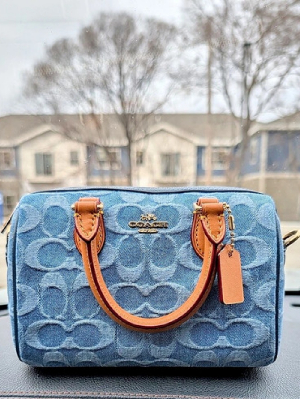 COACH Mini Rowan Crossbody Bag In Signature Denim Blue & Brown